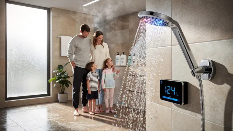 Famille mesurant l'eau économisée en un mois grâce à un pommeau de douche économiseur