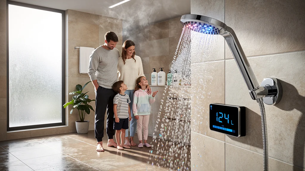 Famille mesurant l'eau économisée en un mois grâce à un pommeau de douche économiseur