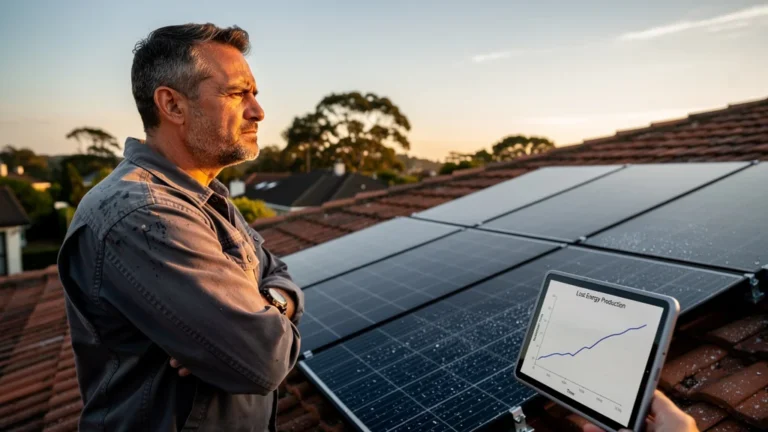 Homme regrettant l'orientation est des panneaux solaires entraînant 300€ de perte la première année
