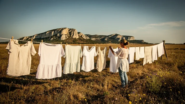 Sécher le linge au soleil en été dans la Crau, scène réaliste et lumineuse du séchage solaire traditionnel
