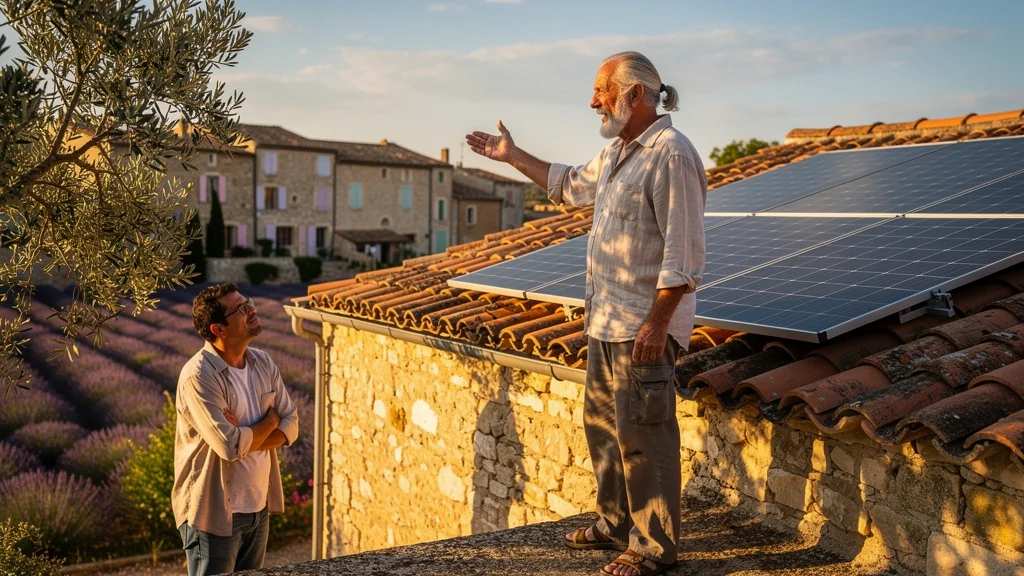 Homme d'Arles expliquant l'autoconsommation solaire sur panneaux solaires dans un village provençal