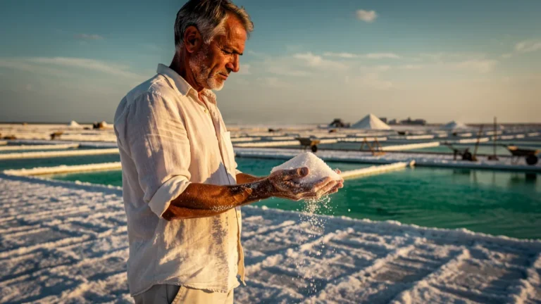 Saunier de Salin-de-Giraud montrant sa récolte de sel à la main sous un soleil doré