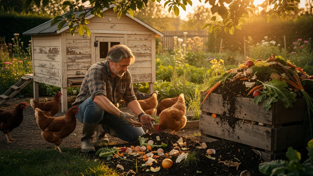 Poulailler et compost en jardin, illustrant la gestion nuancée des biodéchets naturels