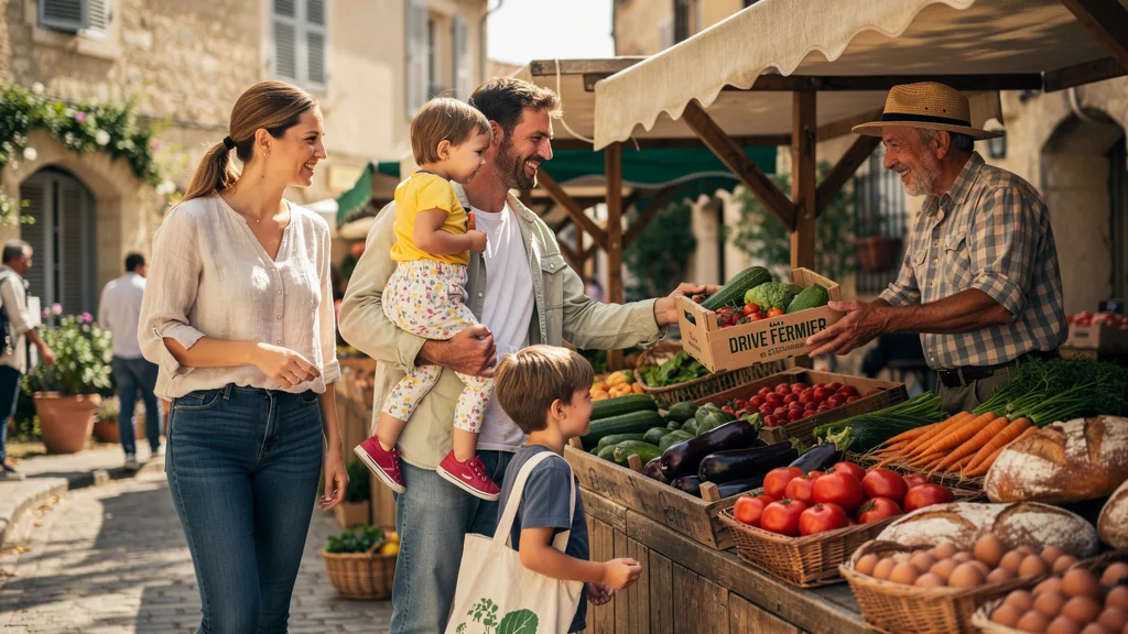 Famille pressée au marché paysan de Saint-Rémy achetant des produits frais locaux et box drive fermier