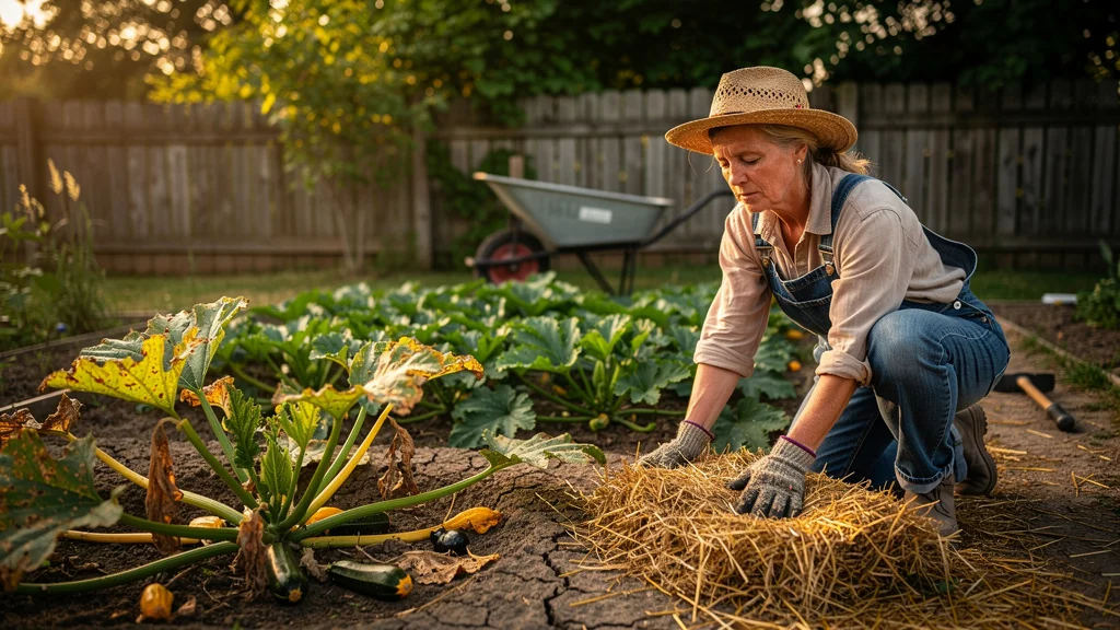 Potager en juin avec courgettes partiellement mortes faute de paillage, sol sec et feuilles jaunies