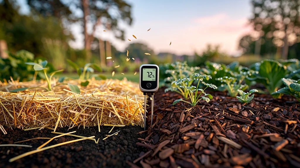 Potager avec paille de riz et broyat montrant mesure d'humidité du sol sur trois semaines