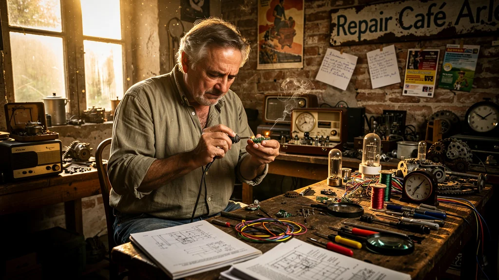 Homme réparant une soudure au repair café d'Arles, moment de révélation et redécouverte en atelier lumineux