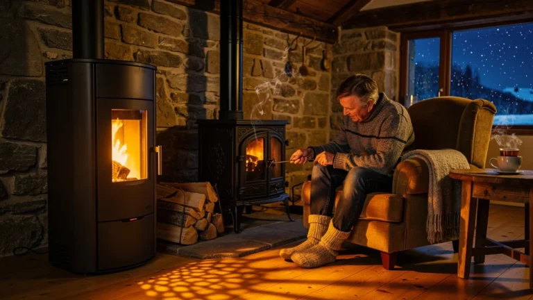 Intérieur chaleureux avec poêle à granulés et poêle à bois dans une maison en pierre en hiver