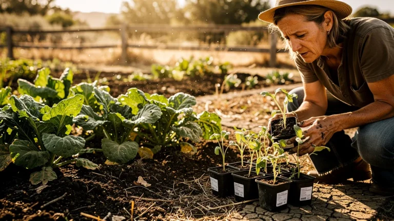 Comparaison entre semences paysannes robustes et plants du commerce fragiles sous un soleil intense au potager