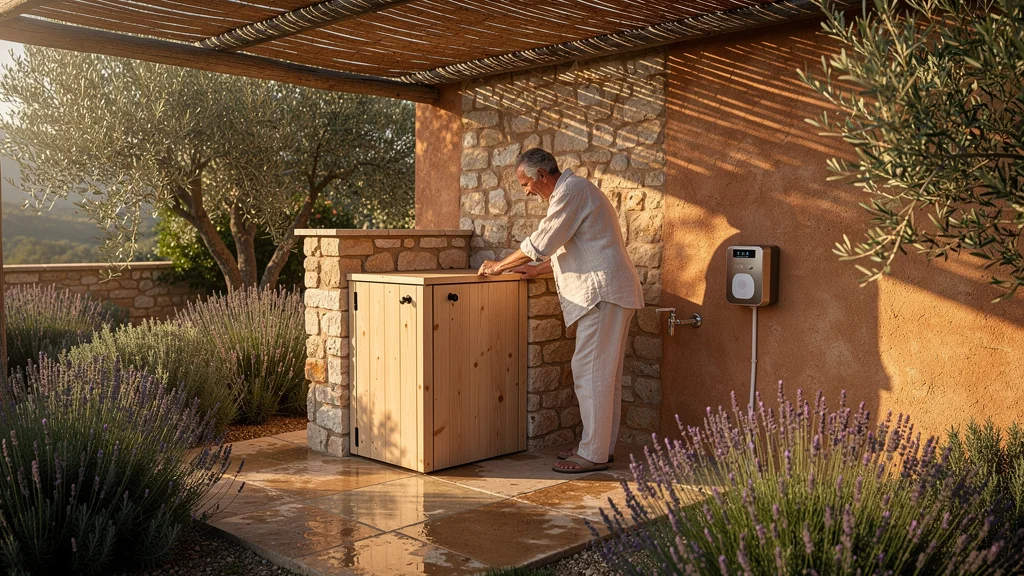 Photo réaliste d’un pavillon arlésien avec toilettes sèches et économiseur d’eau dans un jardin méditerranéen