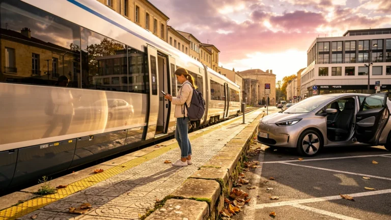Trajet combiné train et voiture Arles-Nîmes au coucher du soleil, suivi du coût sur trois allers