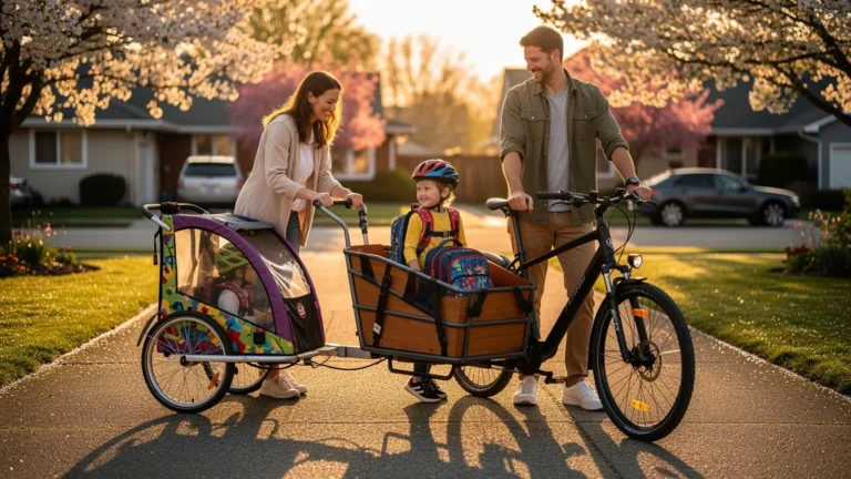 Famille de quatre utilisant vélo-cargo et remorque enfant pour l’école, avis et expérience détaillés