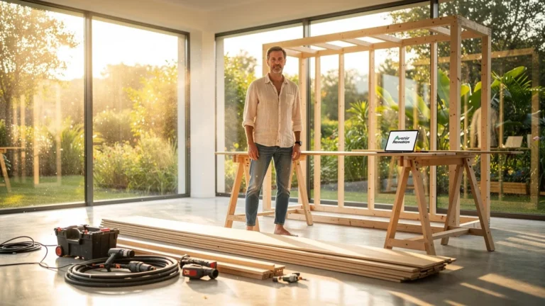 Homme 40 ans dans rénovation durable maison moderne avec lumière naturelle – avenir renovations