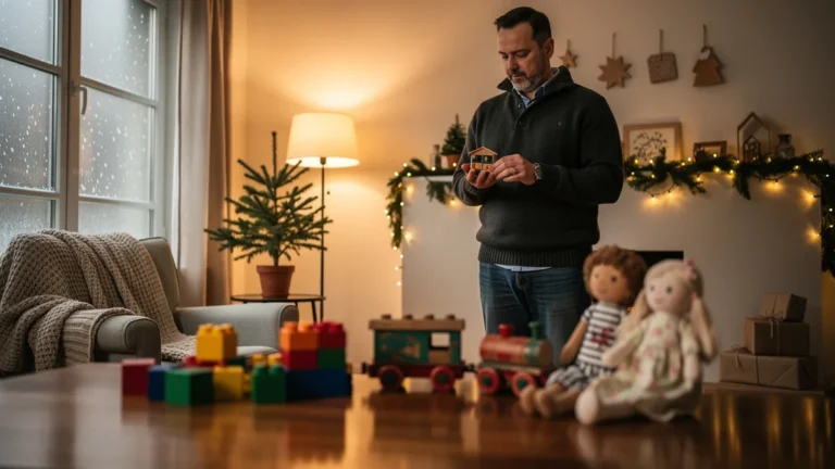 Homme de 40 ans découvrant l’échange de jouets entre parents à Noël, ambiance chaleureuse et écologique