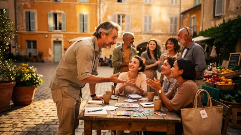 Rencontre avec un collectif de monnaie locale arlésienne dans une place historique ensoleillée