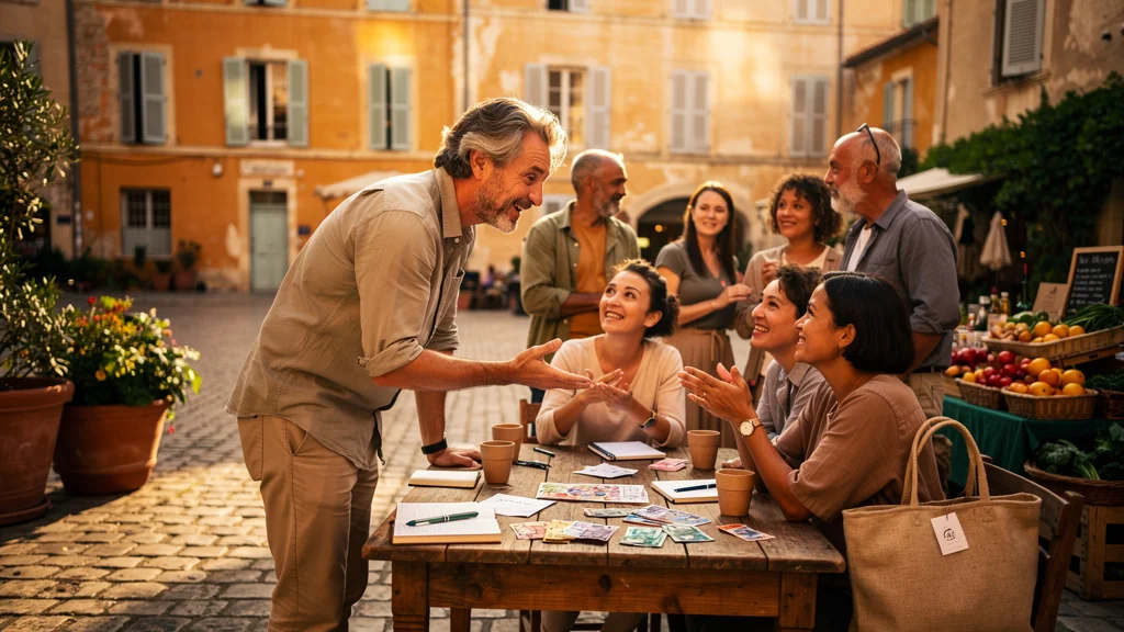 Rencontre avec un collectif de monnaie locale arlésienne dans une place historique ensoleillée