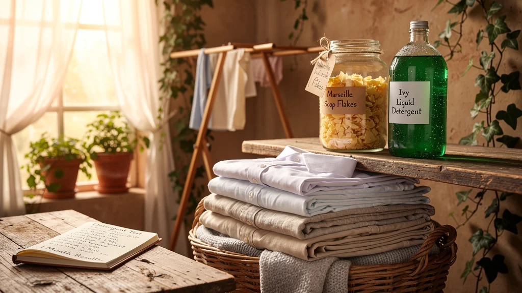 Comparaison photo réaliste de deux lessives maison au savon de Marseille et au lierre avec linge propre sur un mois