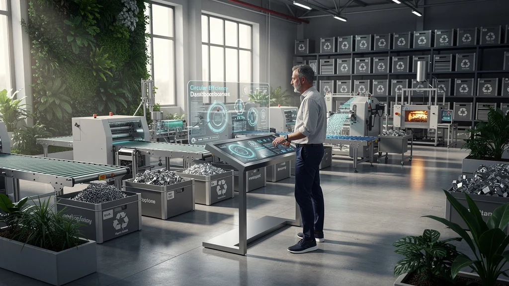 Photo réaliste d’une entreprise en économie circulaire après 6 mois, illustrant efficacité et durabilité