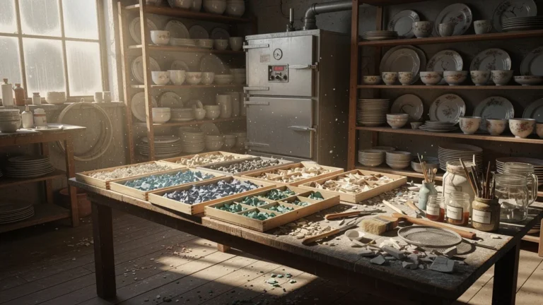 Atelier artisanal lumière naturelle recyclage vaisselle ancienne économie circulaire écologique