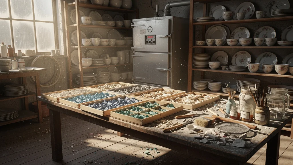 Atelier artisanal lumière naturelle recyclage vaisselle ancienne économie circulaire écologique