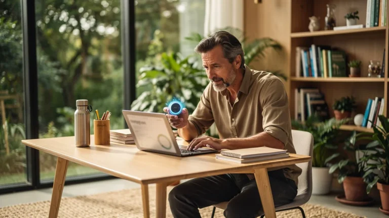 Portrait réaliste d’un rédacteur freelance découvrant Energygo après 3 mois, ambiance écologique et innovante