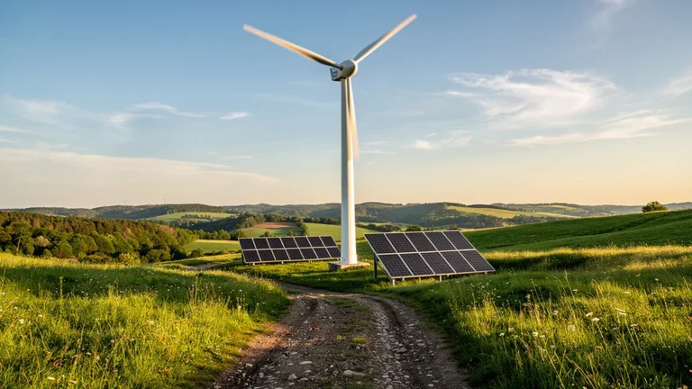 Image hyperréaliste d’une éolienne autoconsommation en milieu rural après 6 mois de test