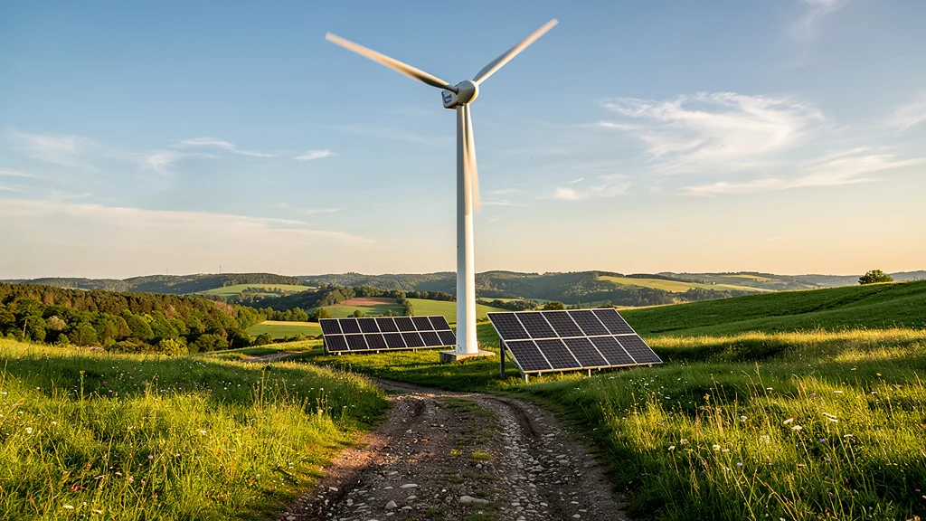 Image hyperréaliste d’une éolienne autoconsommation en milieu rural après 6 mois de test