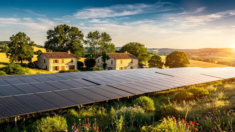 Paysage français avec panneaux solaires modernes illustrant la rentabilité solaire en France