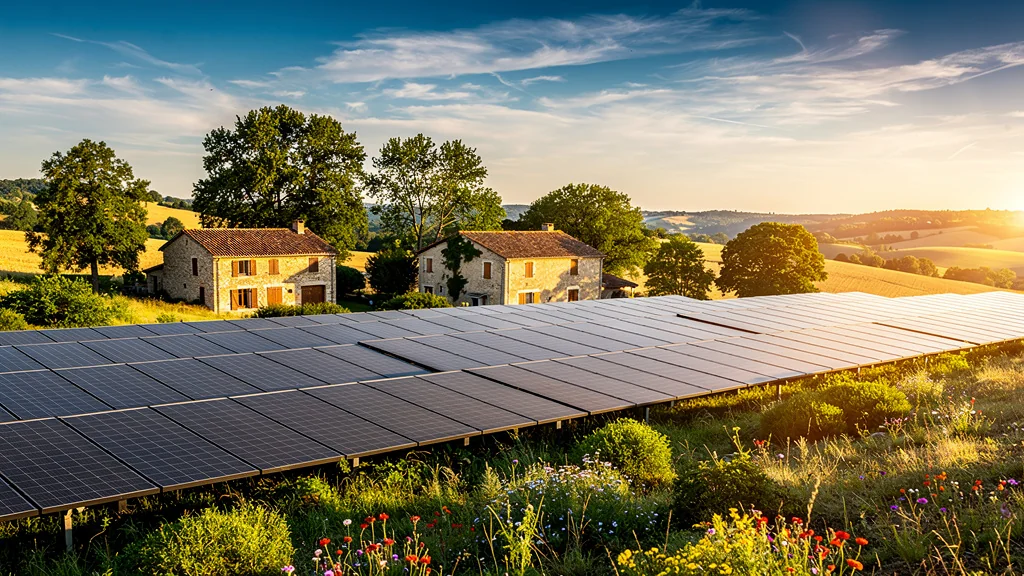 Paysage français avec panneaux solaires modernes illustrant la rentabilité solaire en France