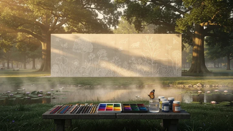 Fresque de la biodiversité en préparation dans un parc urbain éclairé par une lumière matinale dorée