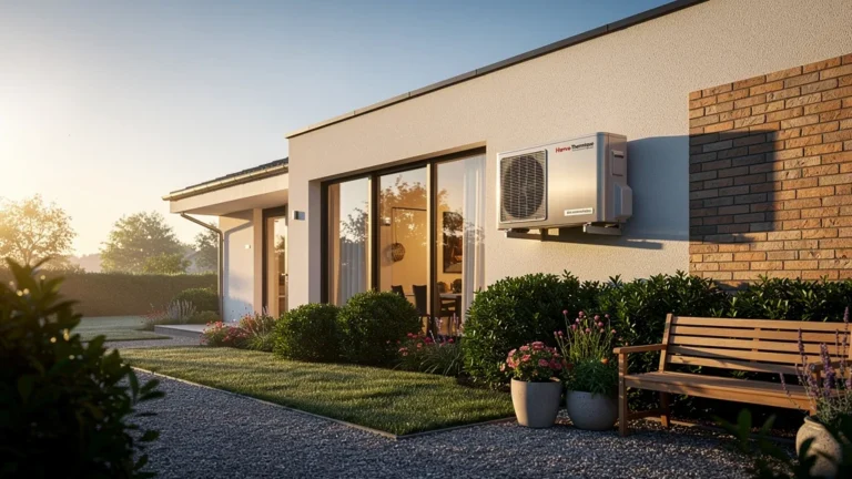 Maison moderne avec pompe à chaleur Herve Thermique, ambiance écologique et design épuré en lumière naturelle