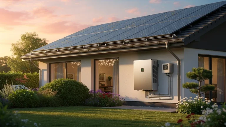 Kit solaire autoconsommation 6000W avec batterie installé sur toiture moderne en lumière dorée