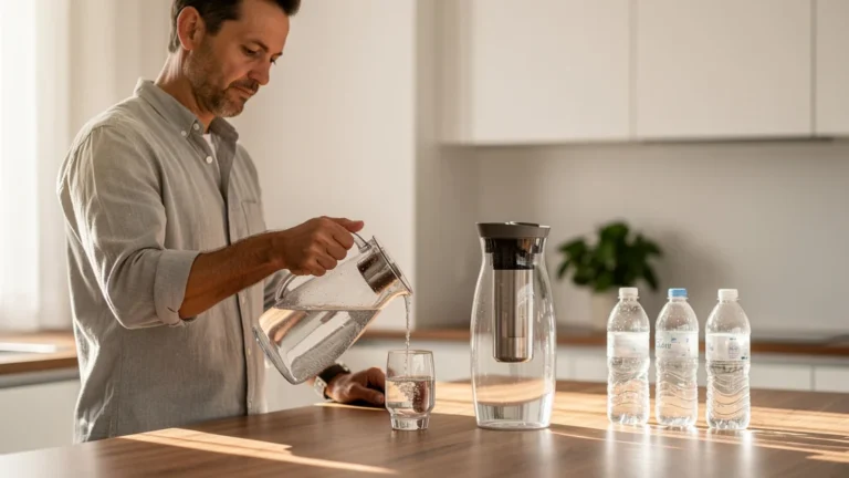 Homme de 40 ans utilisant une carafe filtrante en verre pour remplacer l'eau en bouteille en plastique