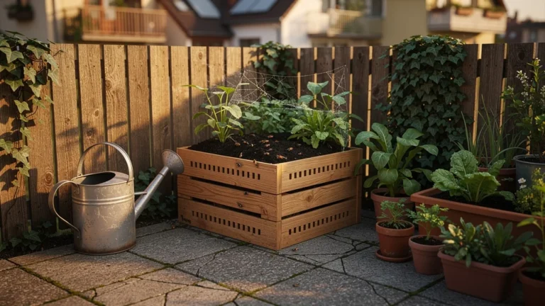 Lombricomposteur compact dans un potager urbain restreint, idéal quand la place manque au jardin