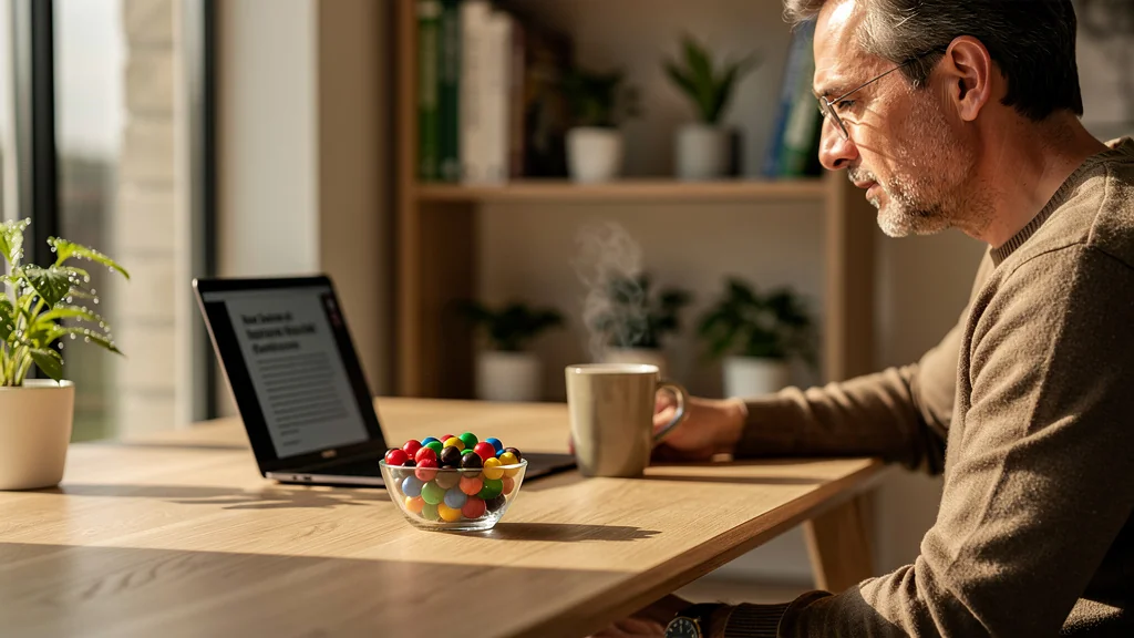 Photo hyperréaliste d’un bureau moderne avec un bol de Mnms colorés et un homme de 40 ans concentré en réflexion