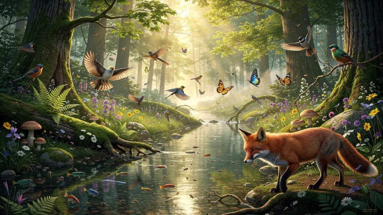Photo réaliste d’un écosystème forestier illustrant la biodiversité mesurée après six mois d’étude