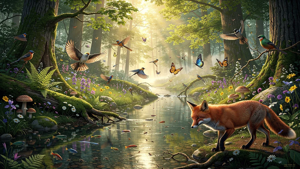 Photo réaliste d’un écosystème forestier illustrant la biodiversité mesurée après six mois d’étude