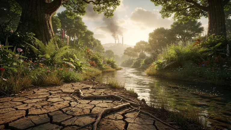 Paysage hyper-réaliste illustrant réchauffement climatique et biodiversité en équilibre fragile