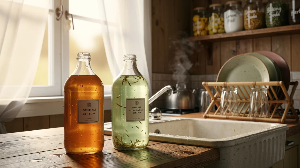 Bouteilles de produit vaisselle maison testées un mois en usage familial dans une cuisine naturelle et lumineuse