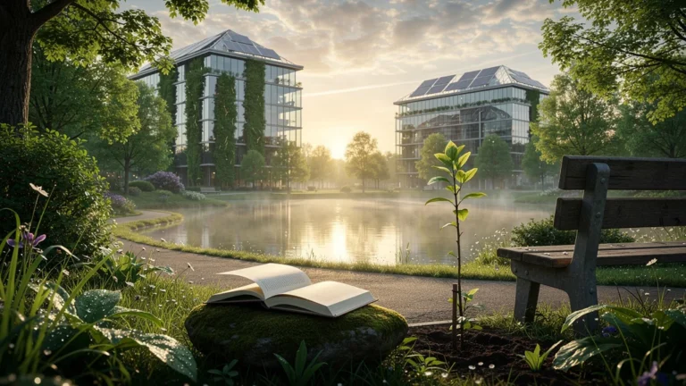 Image réaliste illustrant la transition écologique et développement durable avec un parc urbain verdoyant et architecture moderne