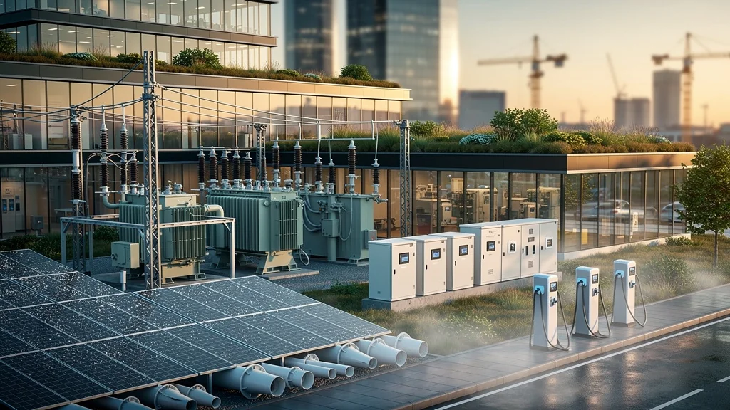 Vue hyper-réaliste d’une infrastructure énergétique moderne Vinci Energies dédiée à la transition écologique urbaine